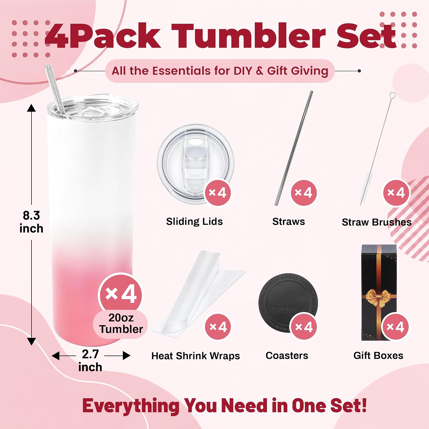 20 oz Sublimation Tumblers,4 Pack Gradient Light Pink Straight Cups