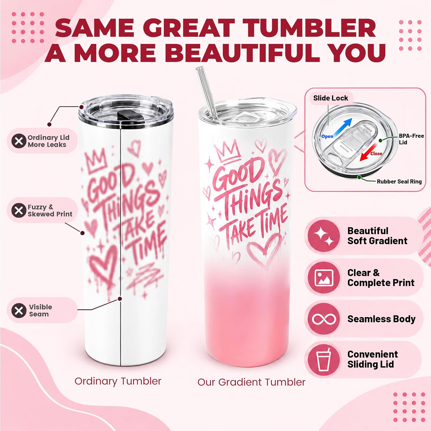 20 oz Sublimation Tumblers,4 Pack Gradient Light Pink Straight Cups