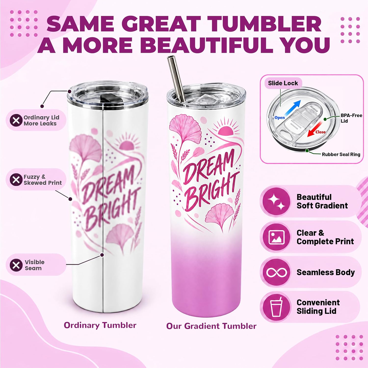 20oz Sublimation Tumblers,4 Pack Gradient Purple Pink Straight Cups