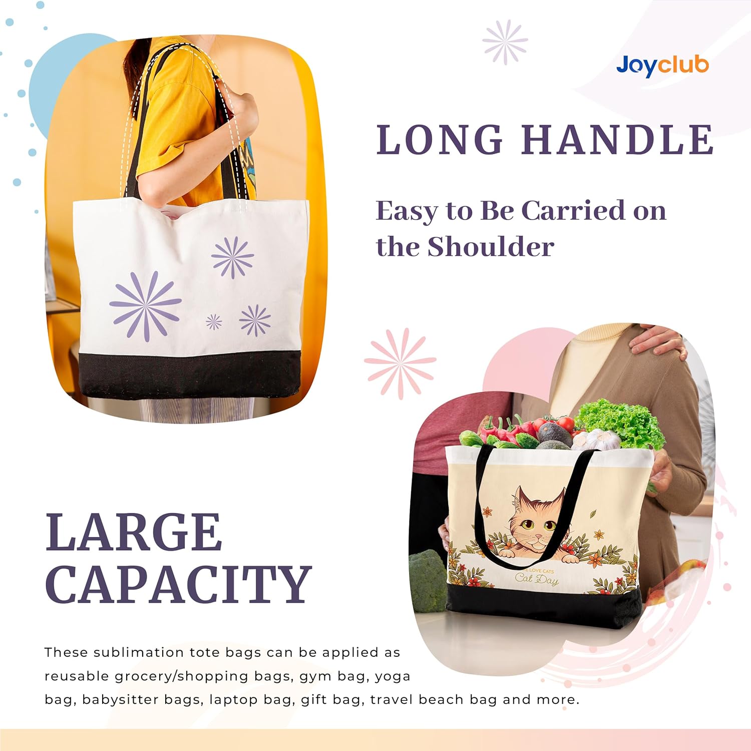 bulk travel tote bags Joyclub Large Canvas Tote Bags Bulk Sublimation Blanks with Long Handle 18.5 x 15 x 4 inch