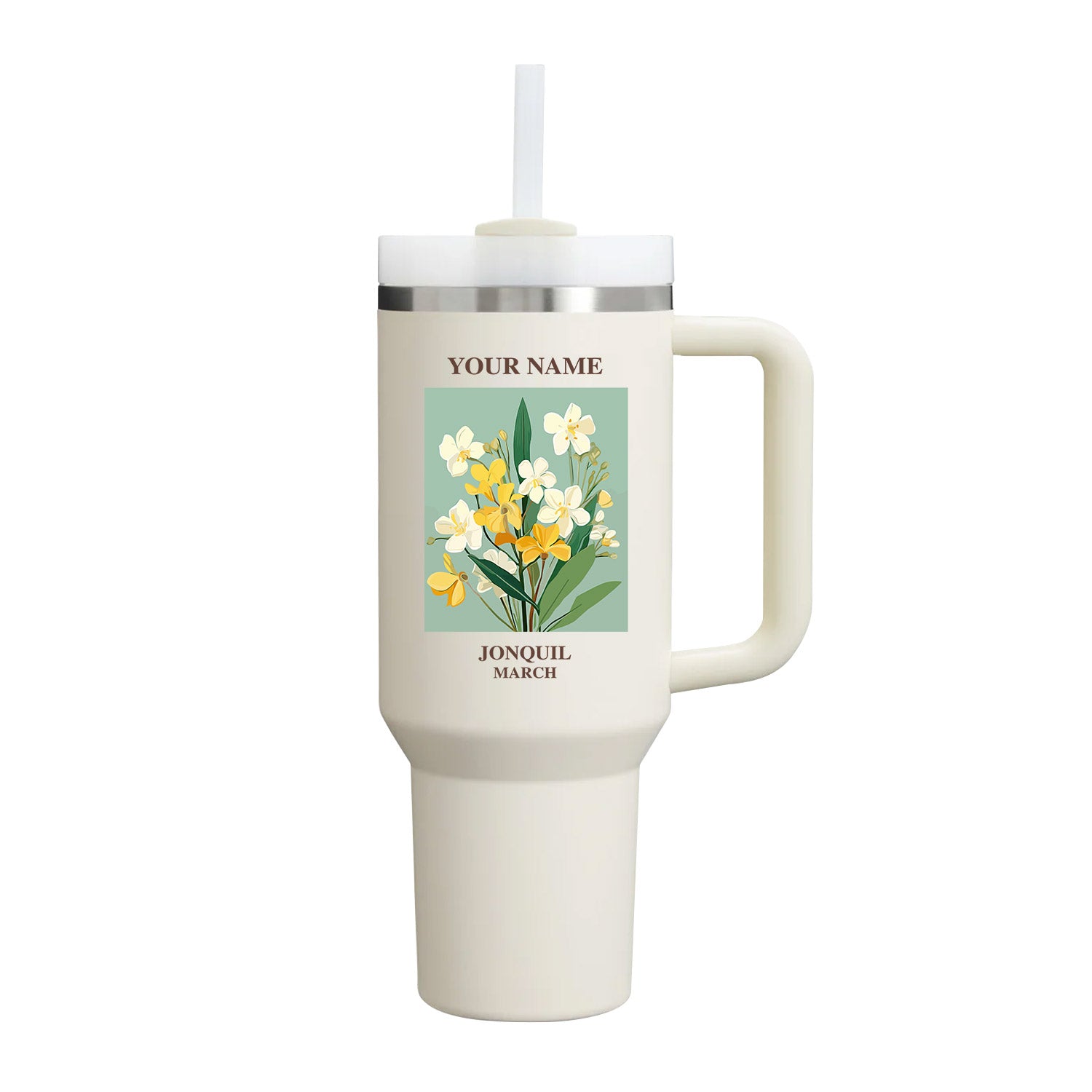 40oz Tumbler with Birth Flower and Custom Name(Cream)