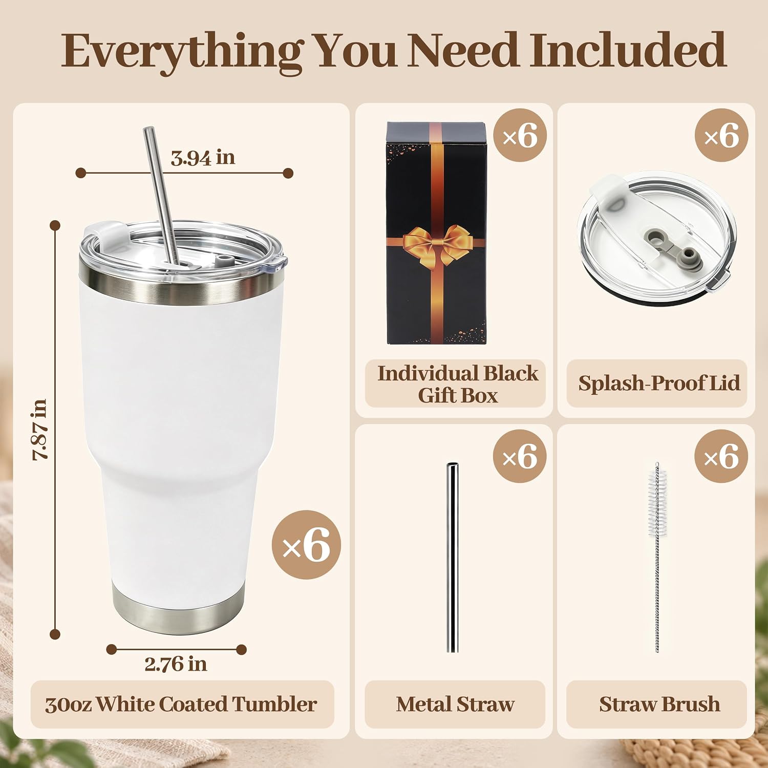30 oz Tumblers Bulk with Lids and Straws 6 Pack Powder Coated