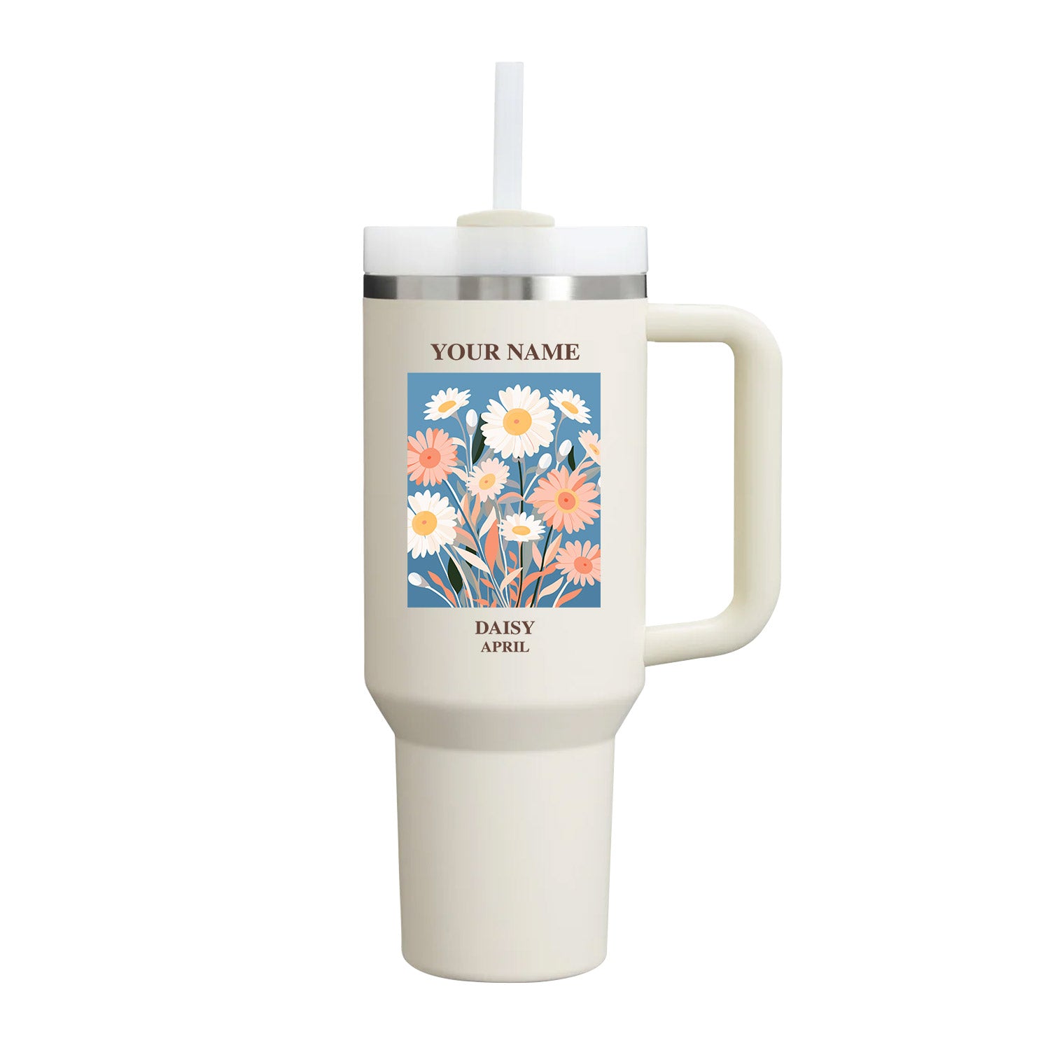 40oz Tumbler with Birth Flower and Custom Name(Cream)
