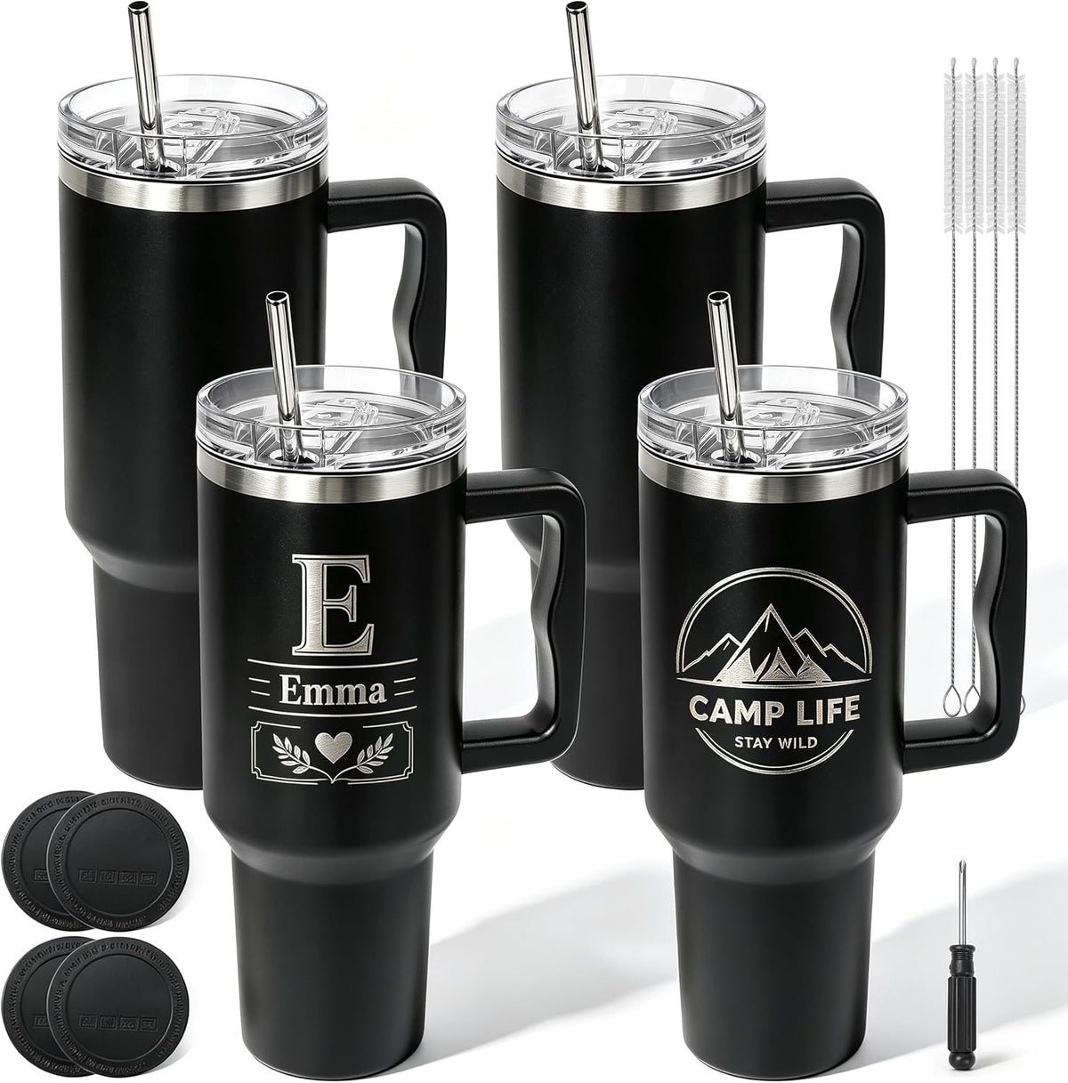 4 Pack 40oz Black Insulated Tumbler with Lids and Straws