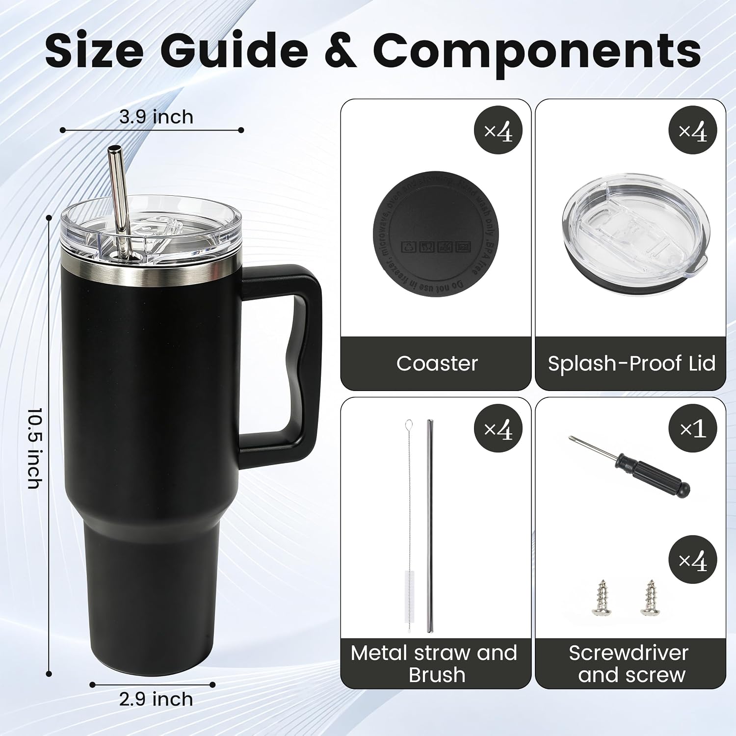 4 Pack 40oz Black Insulated Tumbler with Lids and Straws