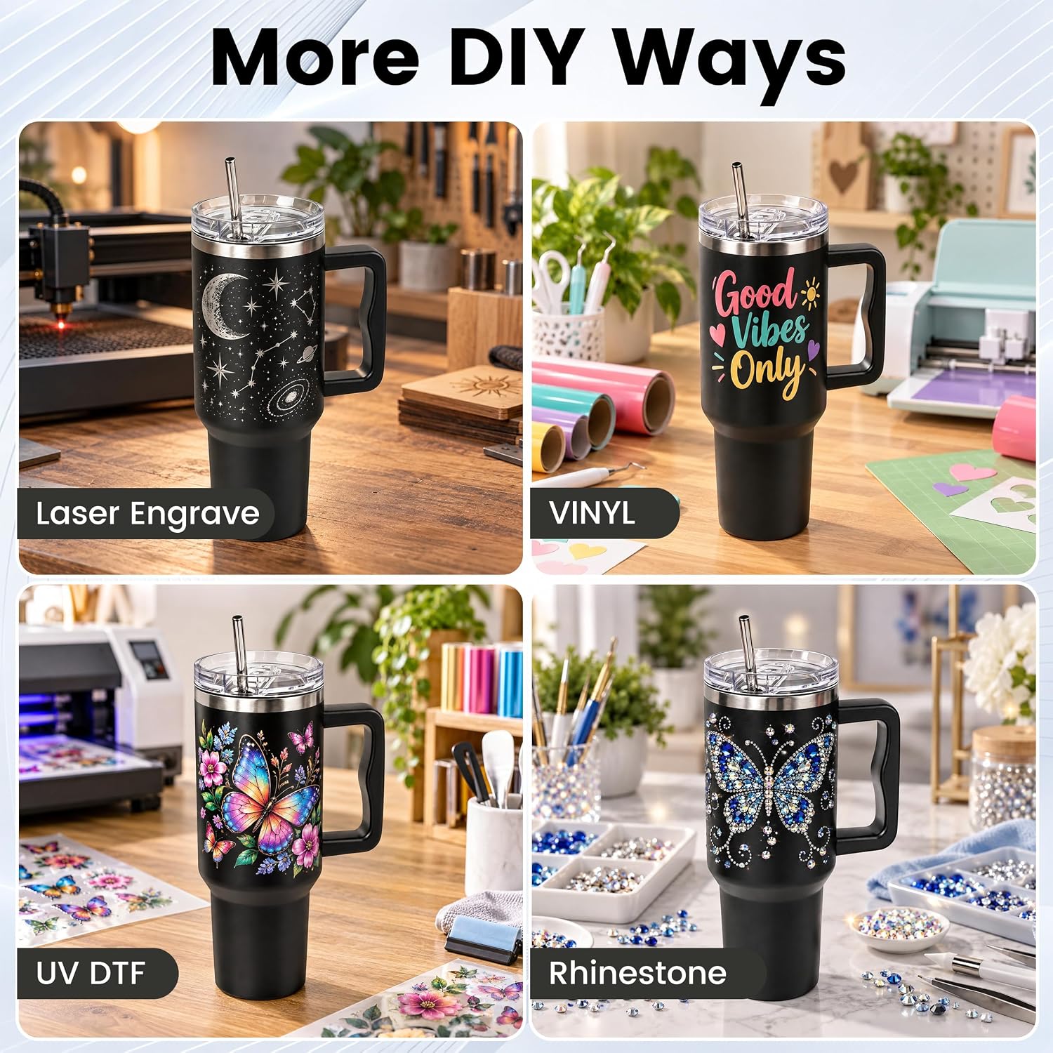 4 Pack 40oz Black Insulated Tumbler with Lids and Straws