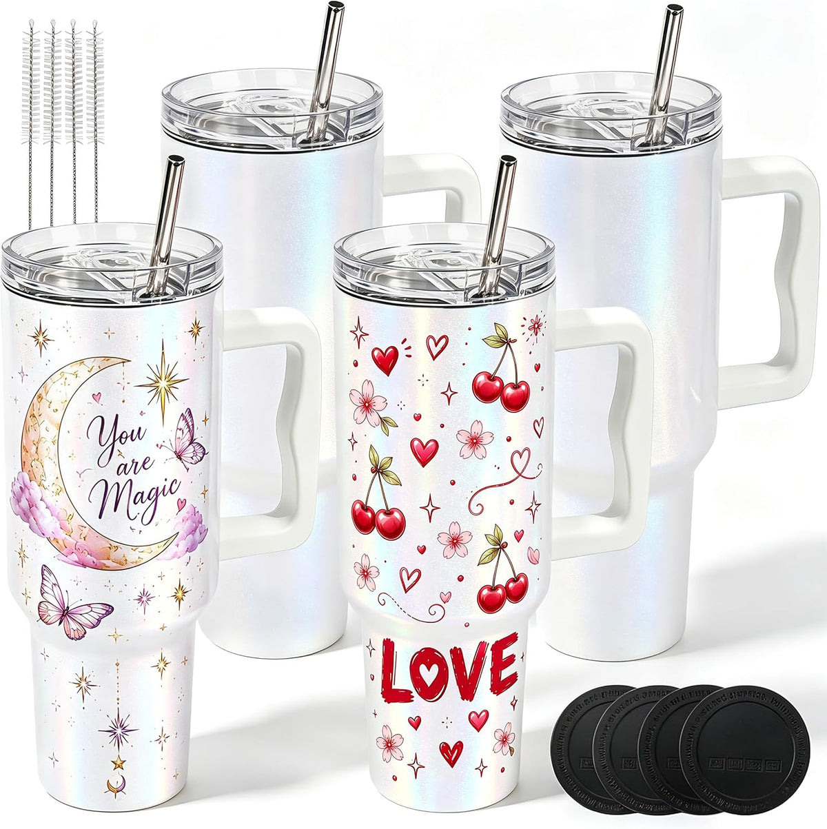 4 Pack 40 oz Glitter Sublimation Tumblers with White Handles