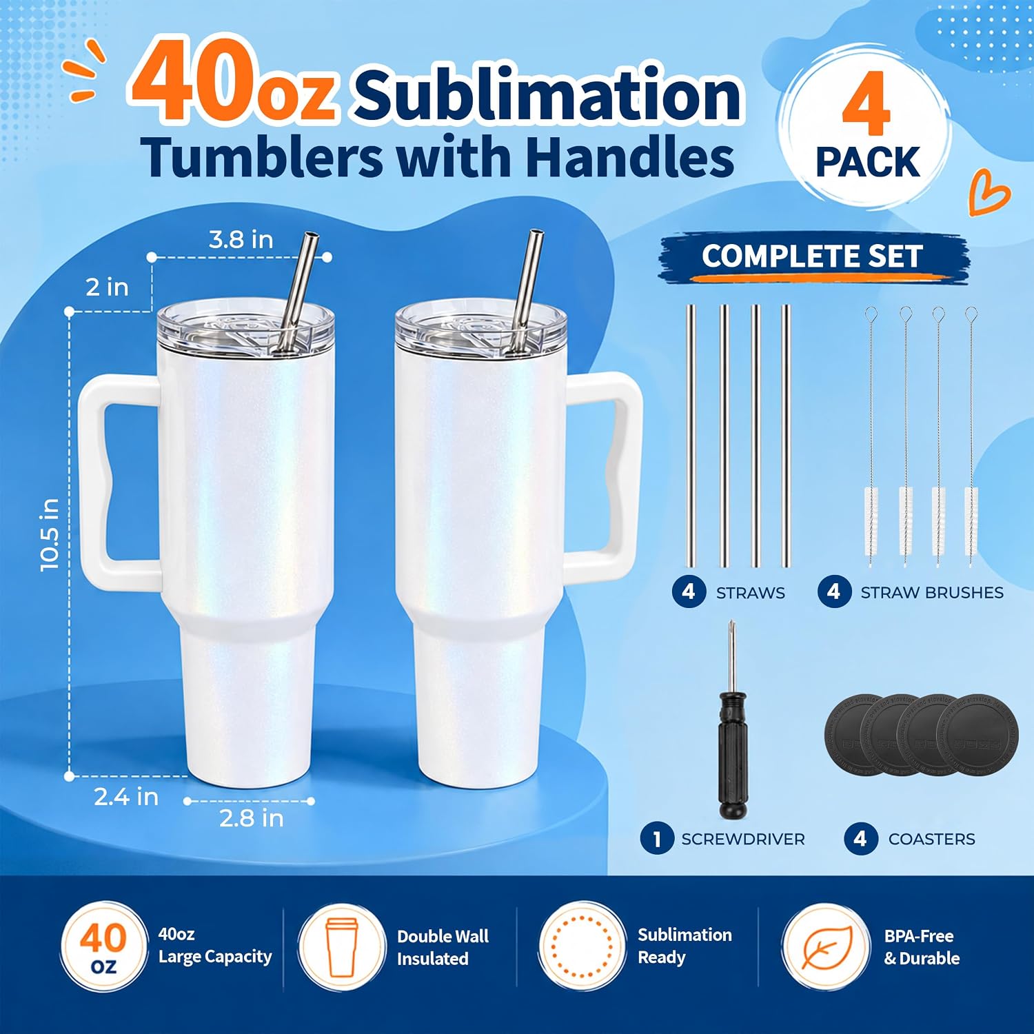 4 Pack 40 oz Glitter Sublimation Tumblers with White Handles