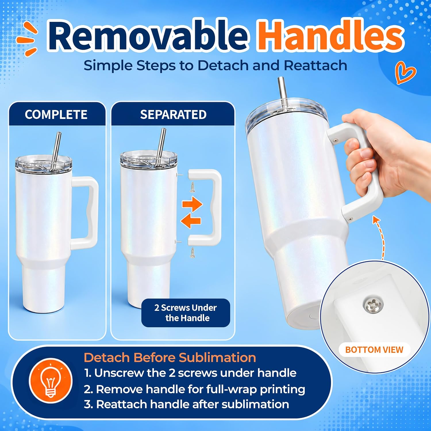 4 Pack 40 oz Glitter Sublimation Tumblers with White Handles