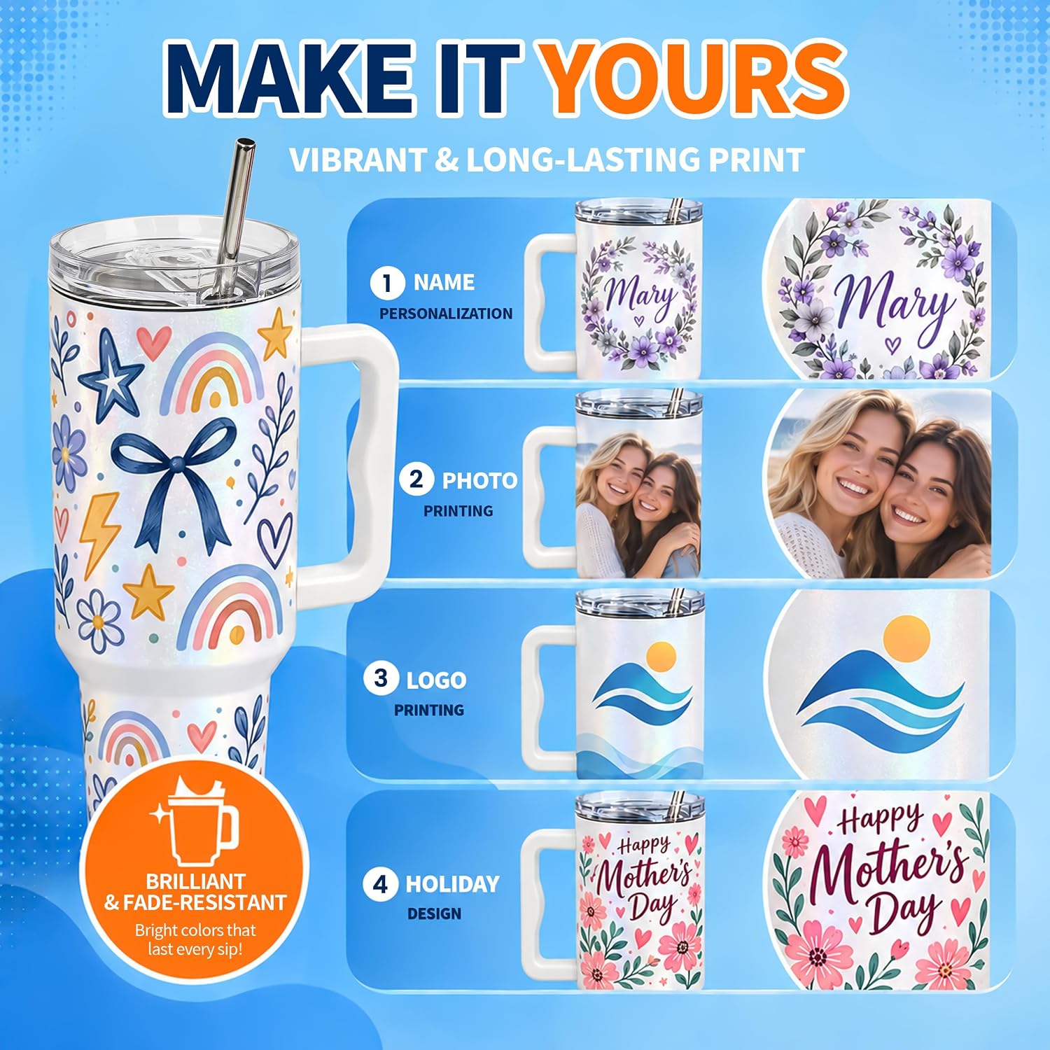 4 Pack 40 oz Glitter Sublimation Tumblers with White Handles