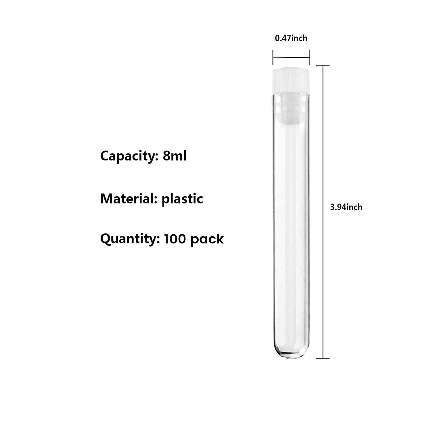 12×100mm Plastic Test Tubes with Caps, 8ml, Clear