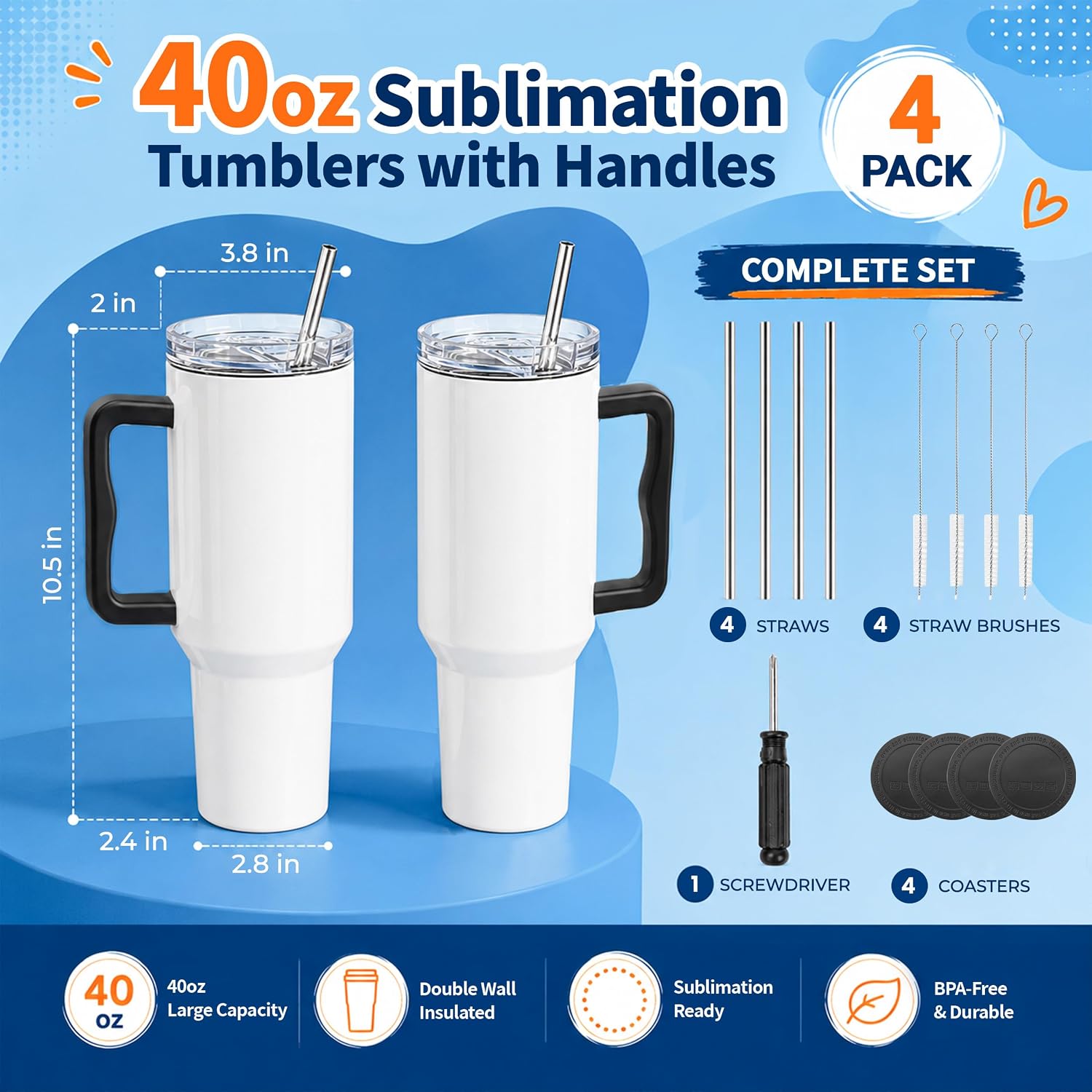 4 Pack 40oz Sublimation Tumblers with Black Handles,Lids and Straws