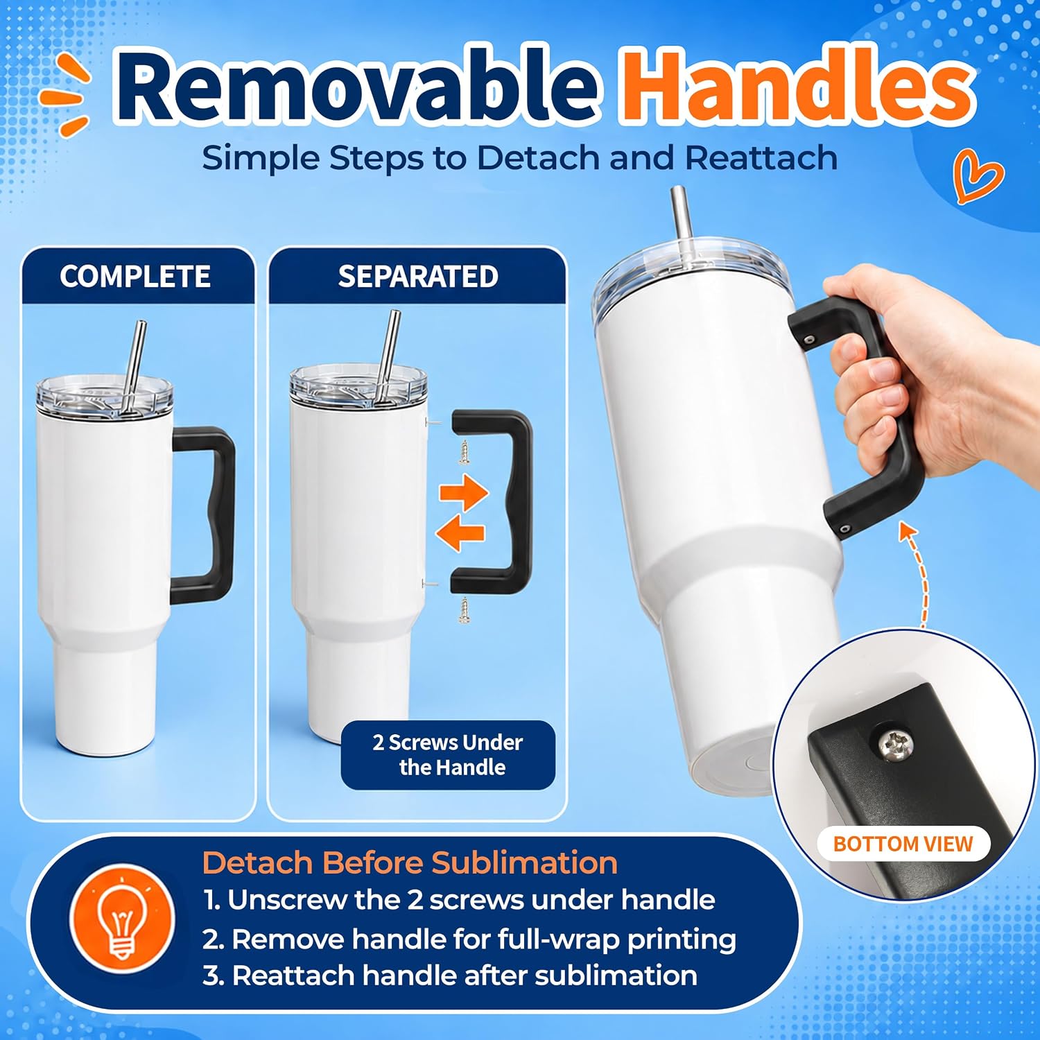 4 Pack 40oz Sublimation Tumblers with Black Handles,Lids and Straws