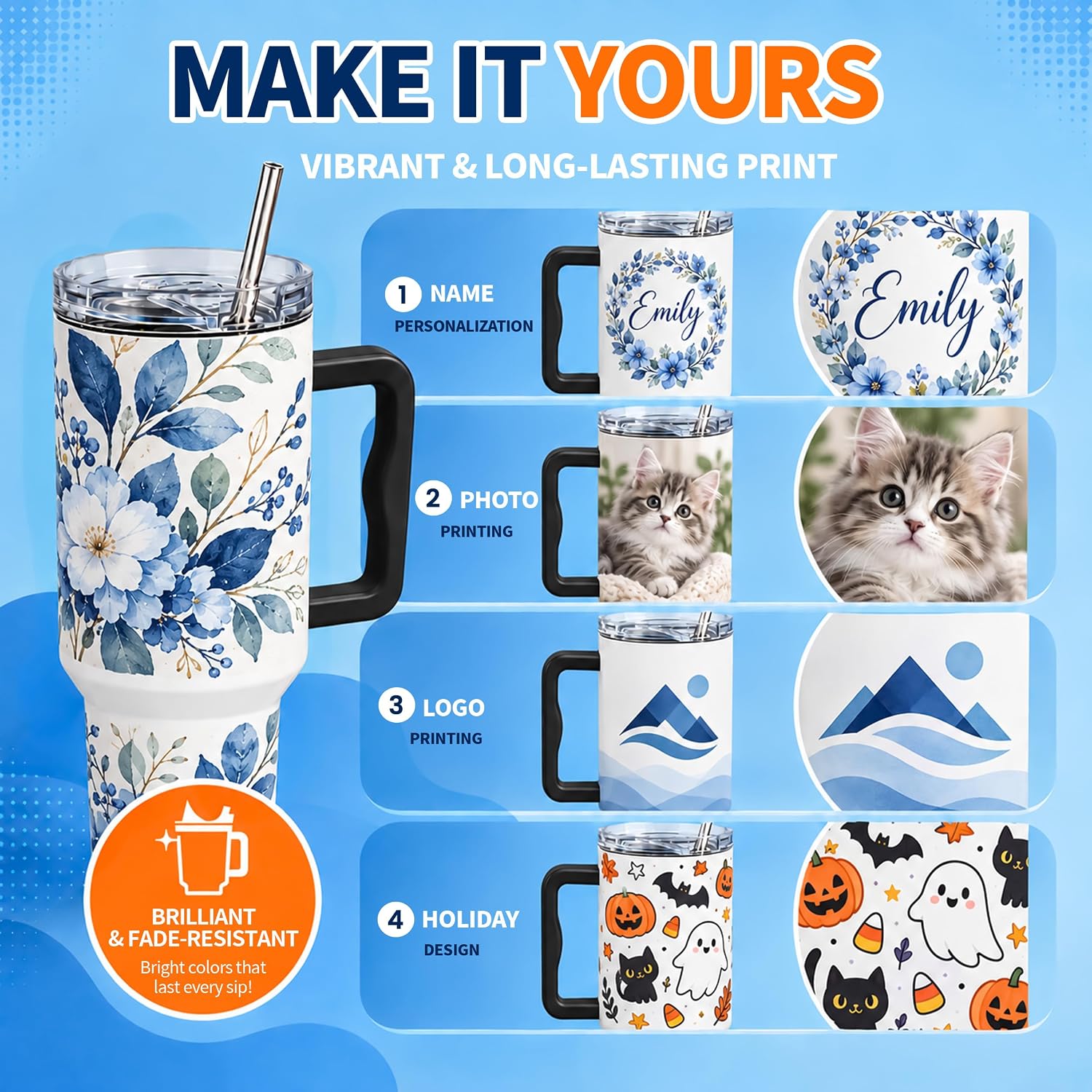 4 Pack 40oz Sublimation Tumblers with Black Handles,Lids and Straws
