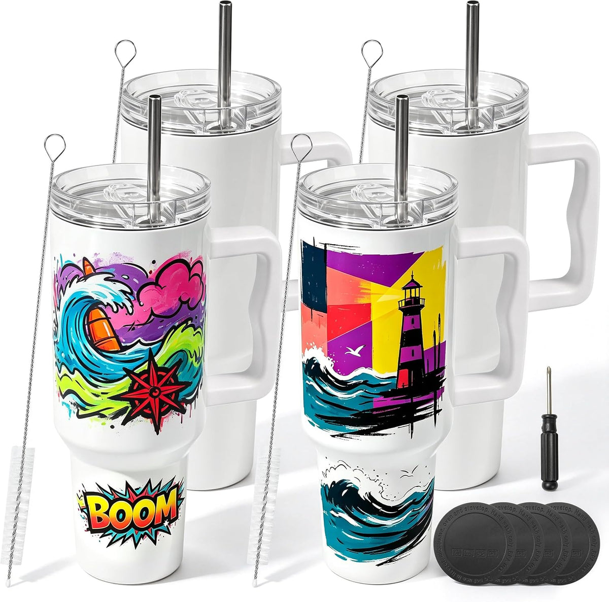 4 Pack 40oz Sublimation Tumblers with White Handles,Lids and Straws
