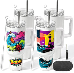 4 Pack 40oz Sublimation Tumblers with White Handles,Lids and Straws