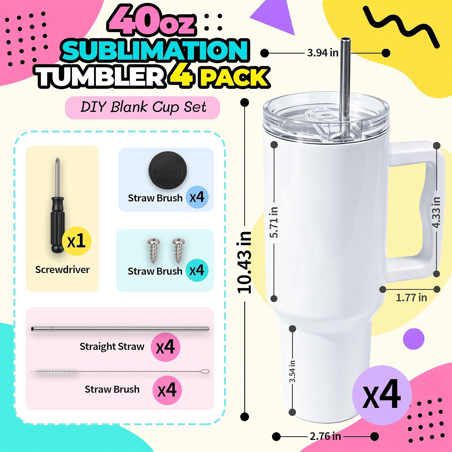 4 Pack 40oz Sublimation Tumblers with White Handles,Lids and Straws