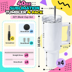 4 Pack 40oz Sublimation Tumblers with White Handles,Lids and Straws