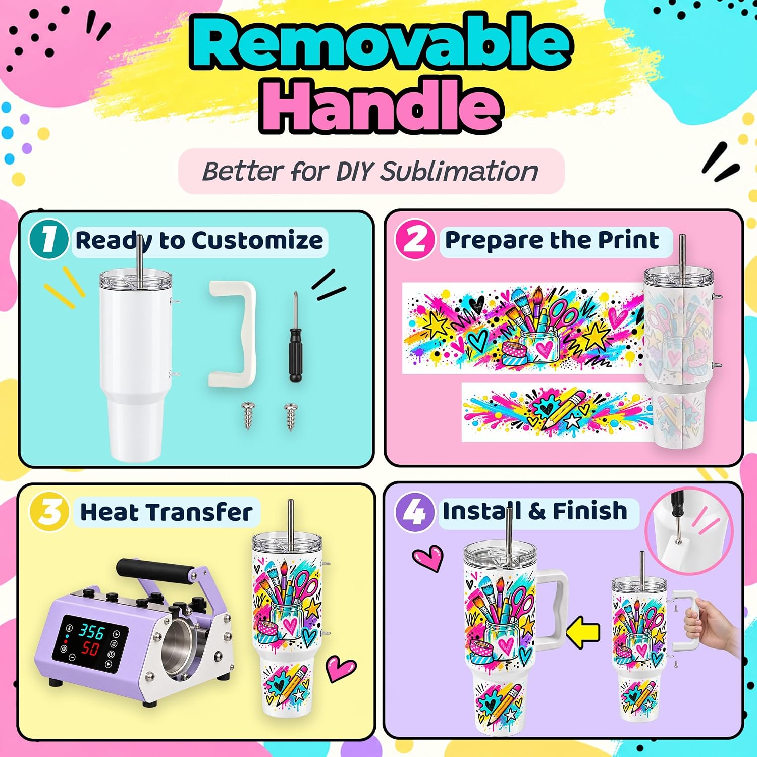 4 Pack 40oz Sublimation Tumblers with White Handles,Lids and Straws