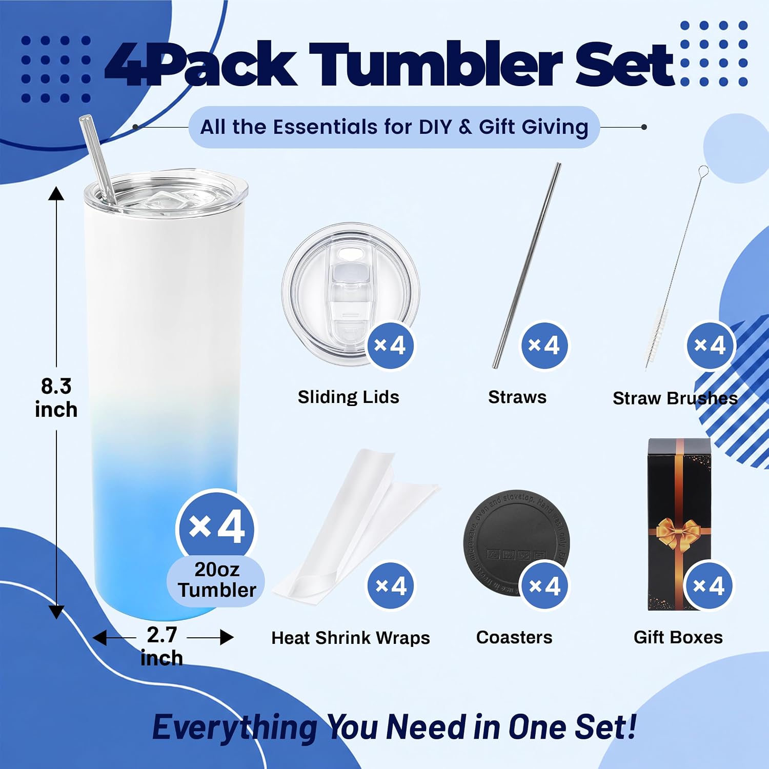 20 oz Sublimation Tumblers,4 Pack Gradient Dark Blue Straight Cups