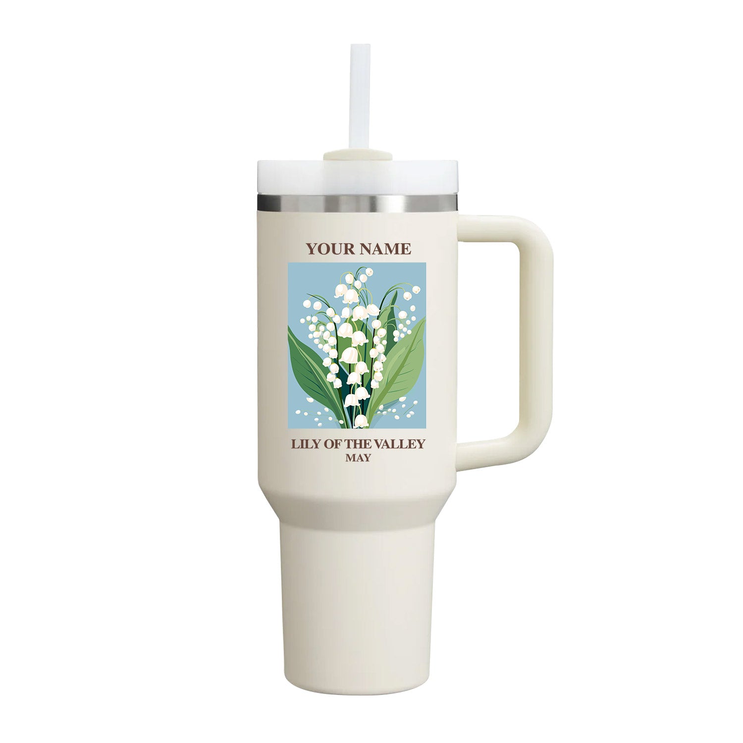 40oz Tumbler with Birth Flower and Custom Name(Cream)