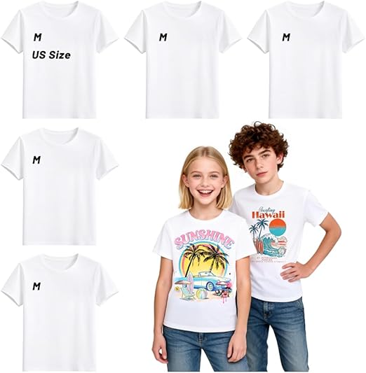 5 Pack White Youth Sublimation Blank T-Shirts Polyester Crew Neck Short Sleeve for Heat Transfer Ages 8–14