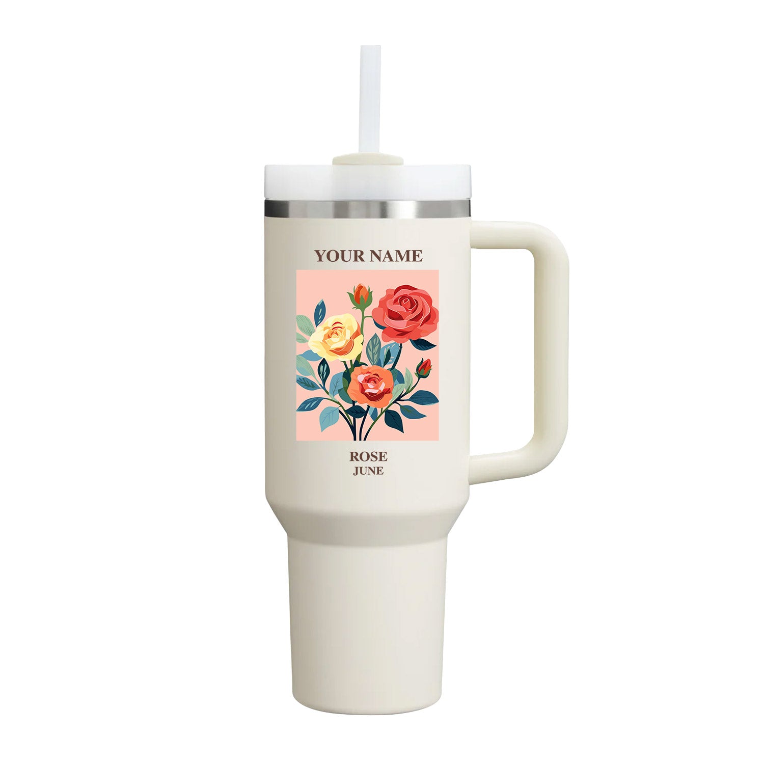 40oz Tumbler with Birth Flower and Custom Name(Cream)