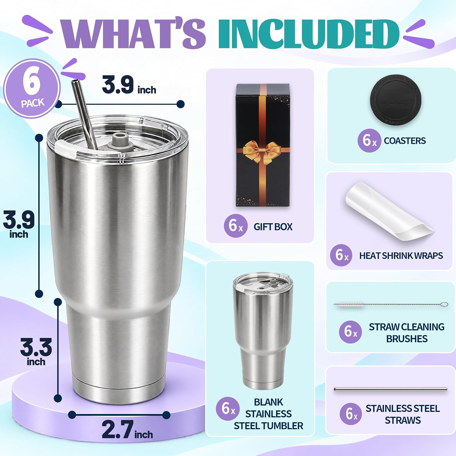 30 oz Sublimation Tumblers, 6 Pack Stainless Steel Tumbler Blanks