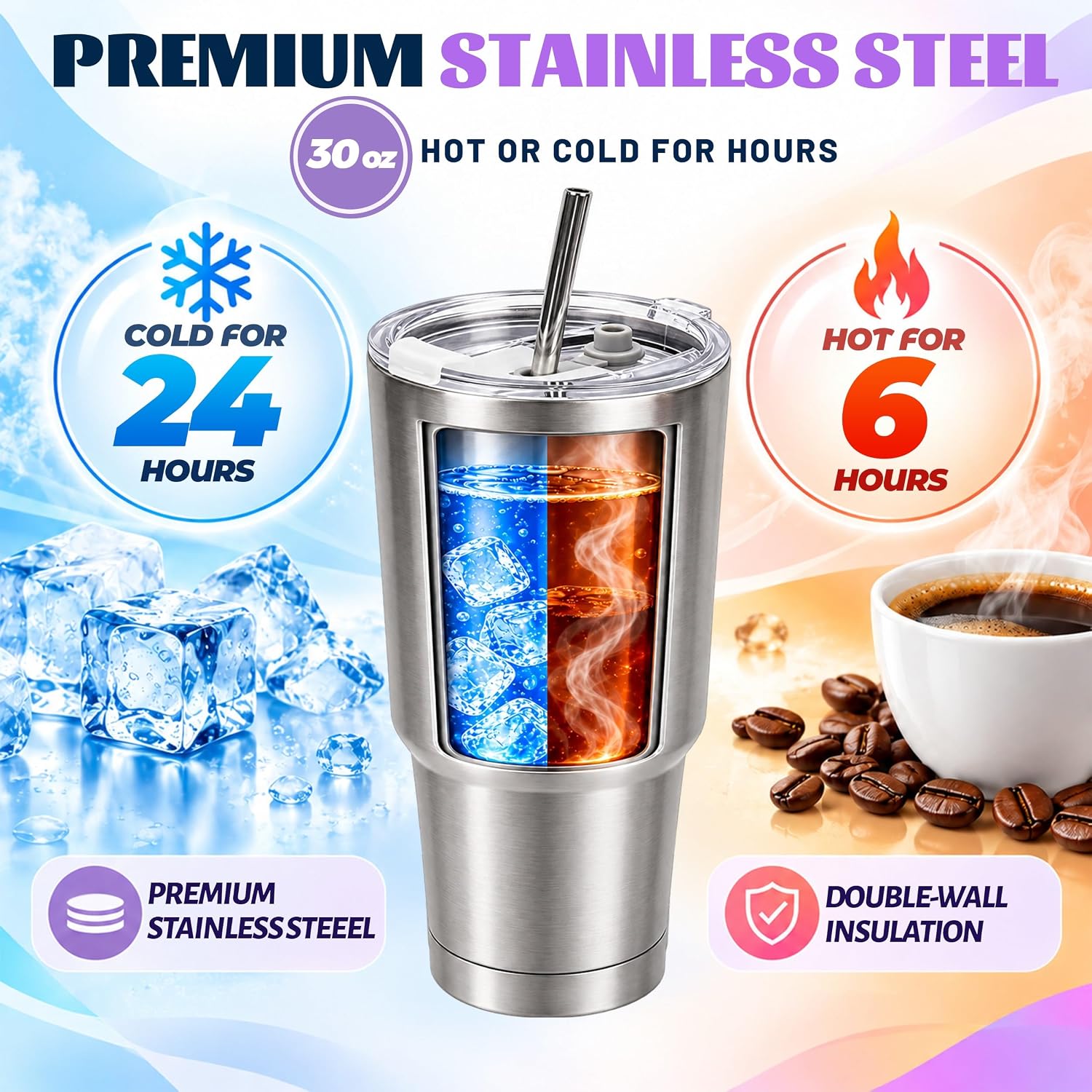 30 oz Sublimation Tumblers, 6 Pack Stainless Steel Tumbler Blanks