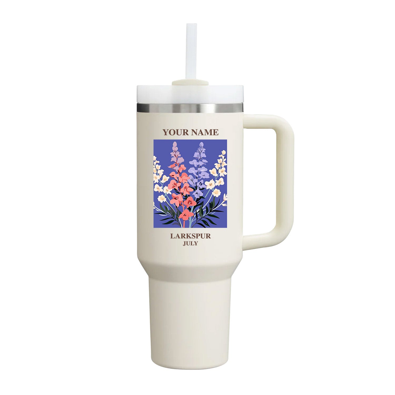40oz Tumbler with Birth Flower and Custom Name(Cream)