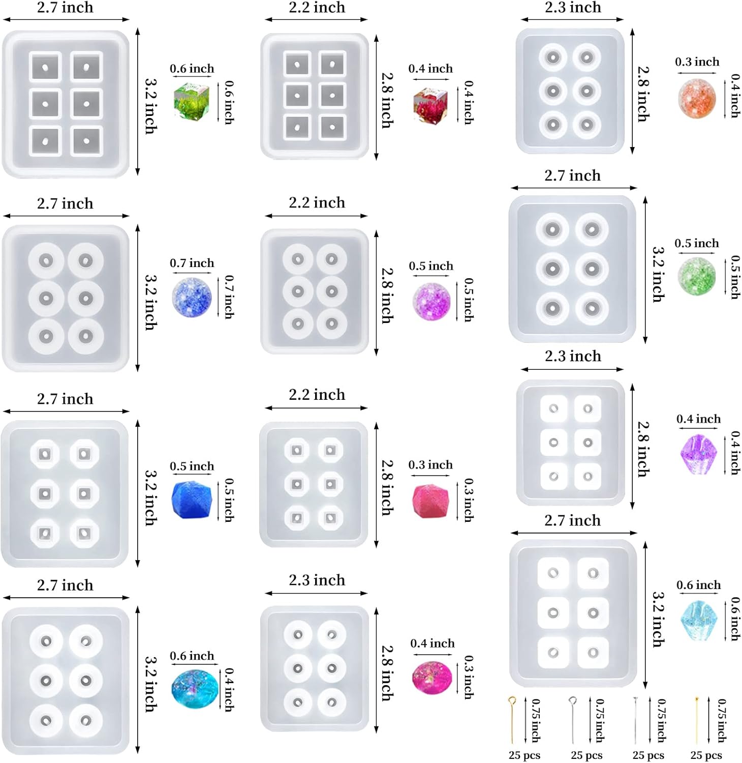 12 Pcs Silicone Resin Bead Molds with Holes for Jewelry Making