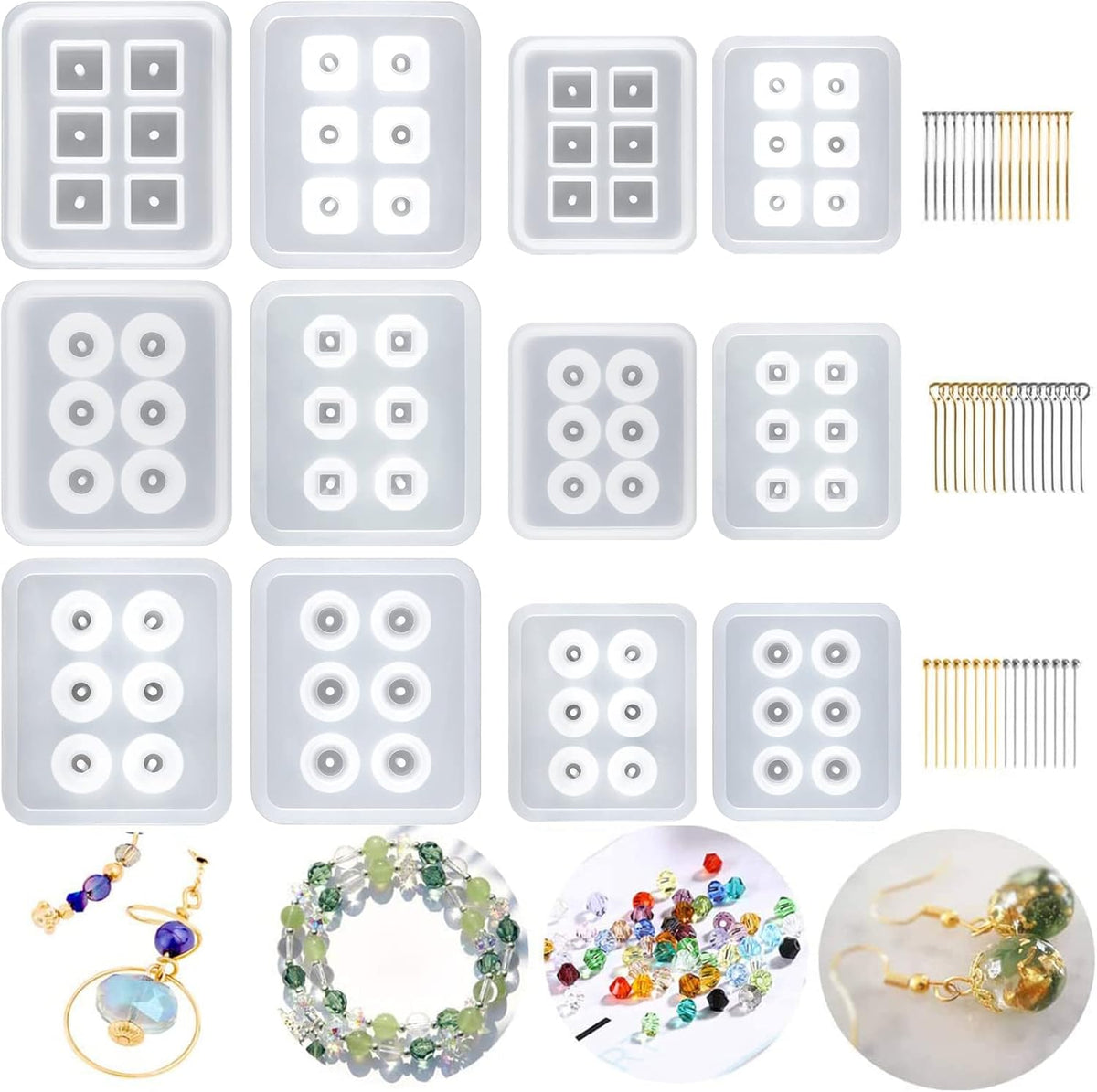 12 Pcs Silicone Resin Bead Molds with Holes for Jewelry Making