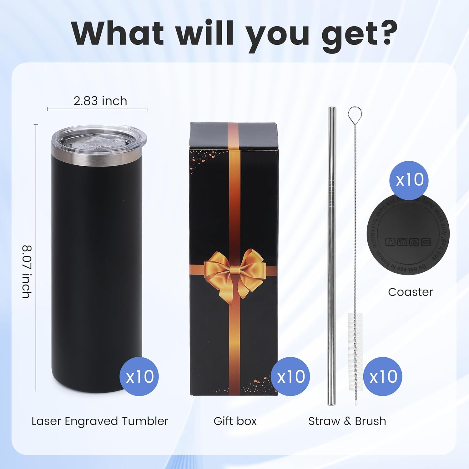 20oz Skinny Tumblers Bulk 10 Pack – Black Stainless Steel Engraving Blanks with Lids, Straws & Gift Box
