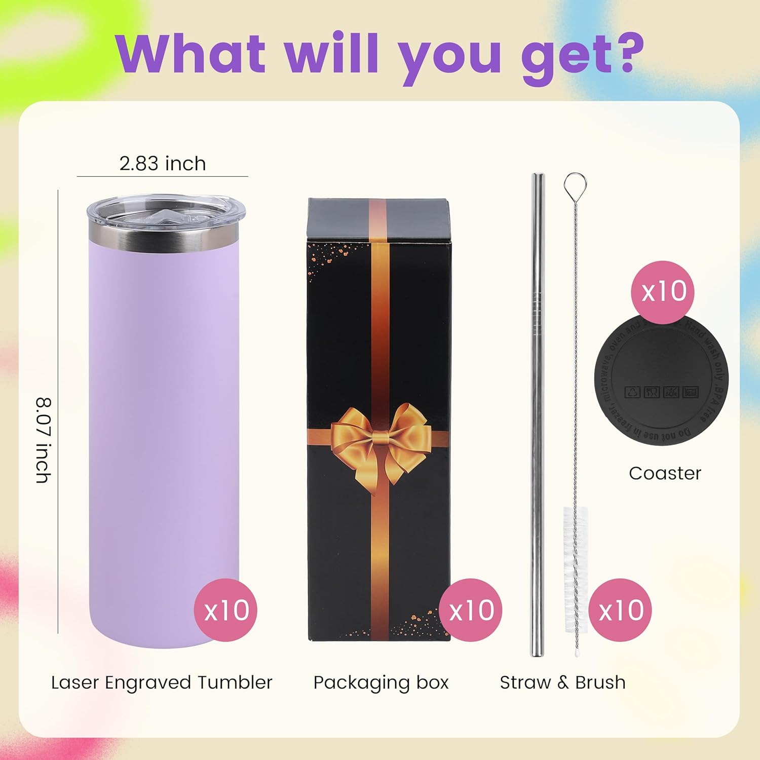 20oz Skinny Tumblers Bulk 10 Pack  – Stainless Steel Engraving Tumblers with Lids & Straws