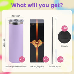 20oz Skinny Tumblers Bulk 10 Pack  – Stainless Steel Engraving Tumblers with Lids & Straws
