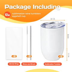 10-Pack 12 oz Sublimation Wine Tumblers – Insulated Stainless Steel with Lids