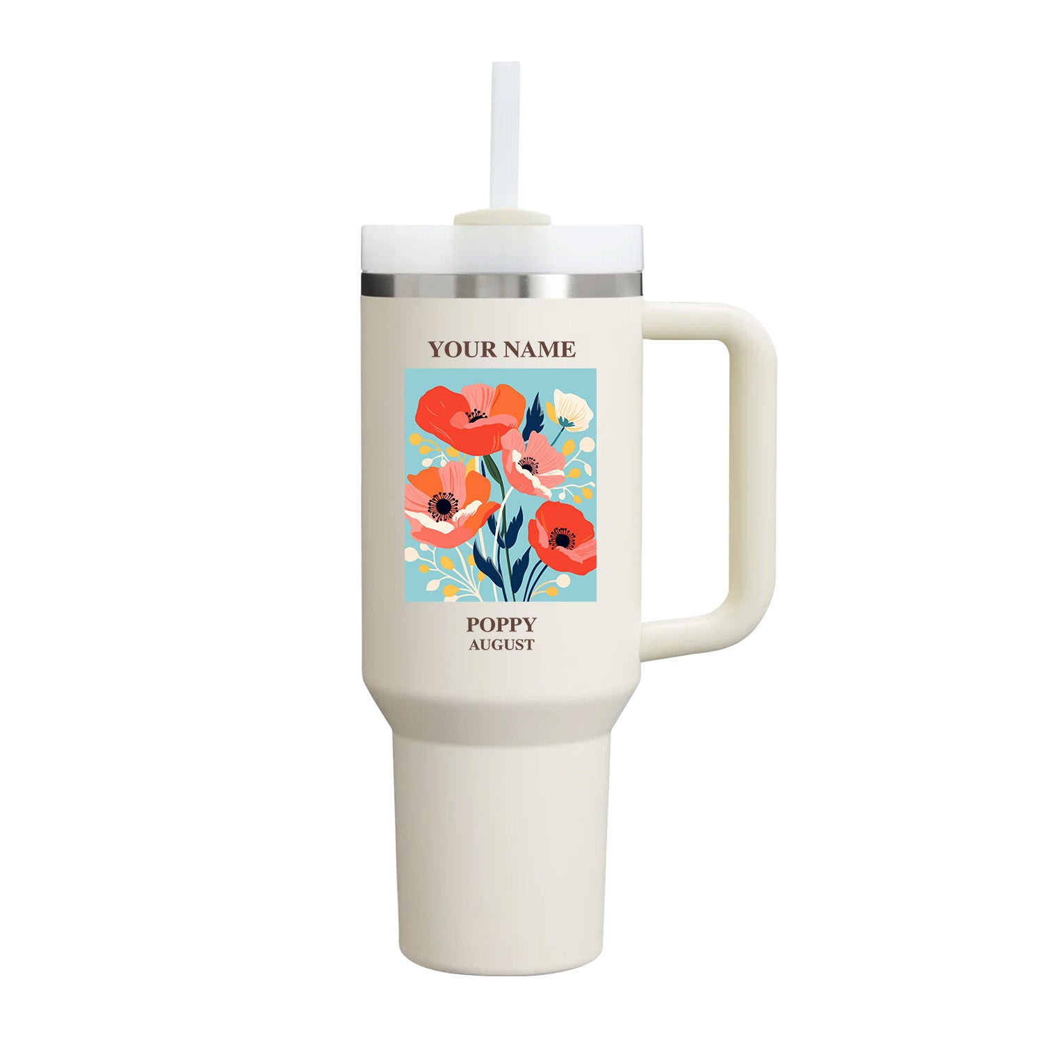 40oz Tumbler with Birth Flower and Custom Name(Cream)