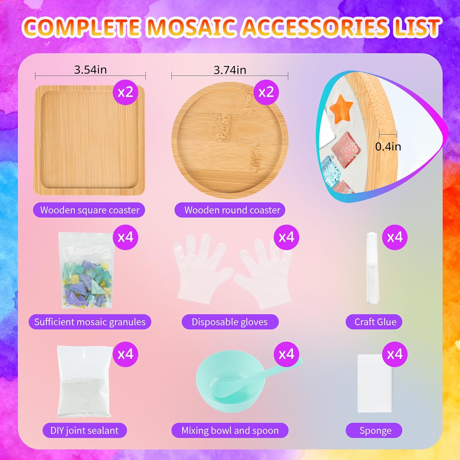 4 Sets DIY Glass Mosaic Tile Kits with Wooden Coasters