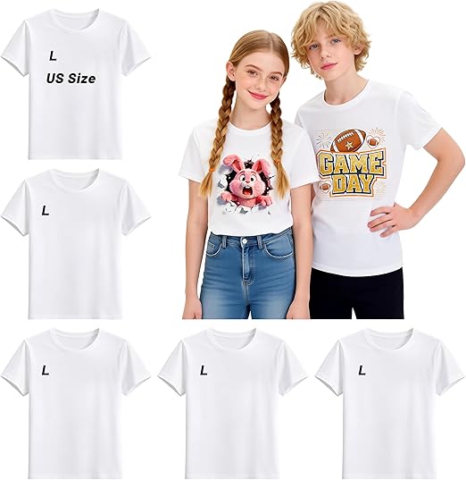 5 Pack White Youth Sublimation Blank T-Shirts Polyester Crew Neck Short Sleeve for Heat Transfer Ages 8–14