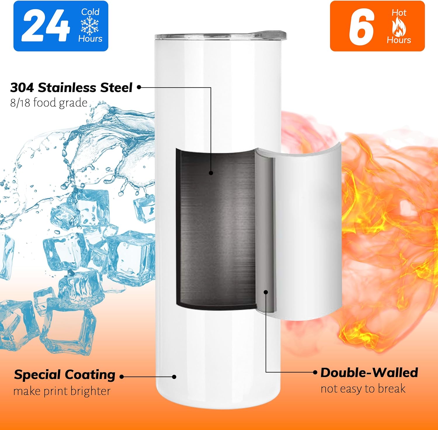 20 oz Sublimation Tumblers – Skinny Straight with colorfull lids & Straws (10 Pack)