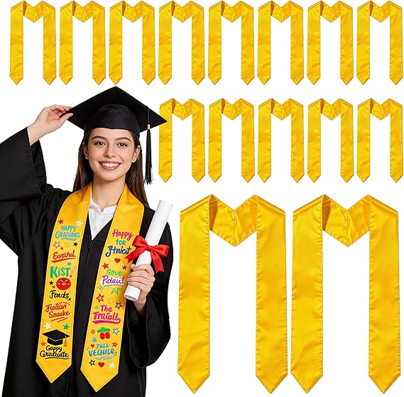 15 PCS Yellow 70 Inch Sublimation Graduation Stoles Bulk Unisex Satin Sashes for DIY Custom School Honor
