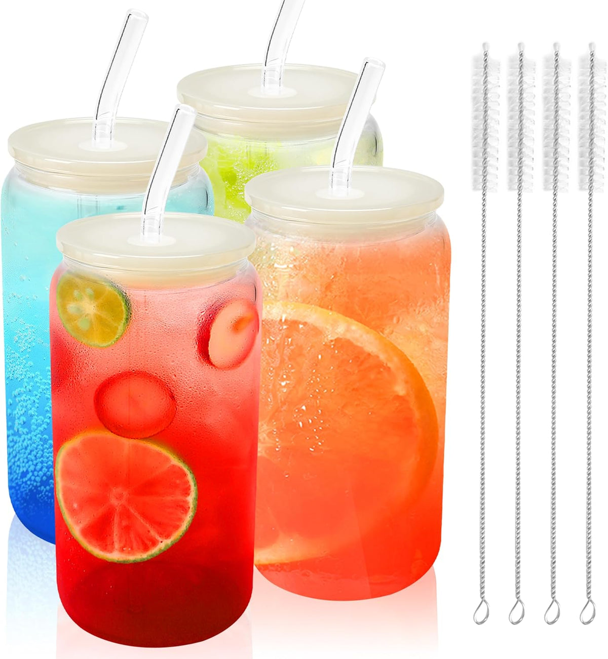 16 OZ Glass Cups with Acrylic Lids and Straws ( Cream White Lids )