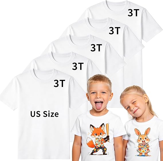 5 PCS White Toddler Sublimation Blank T-Shirts Polyester Crew Neck Short Sleeve for Heat Transfer DTF 2T–5T