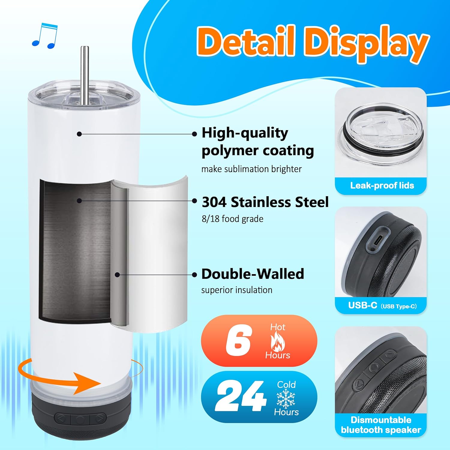 10 Pack 20oz Sublimation Speaker Tumblers Bluetooth Stainless Steel Cups for DIY Custom Gifts