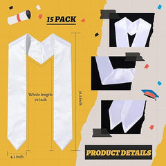 15 PCS White 70 Inch Sublimation Graduation Stoles Bulk Unisex Satin Sashes for DIY Custom School Honor