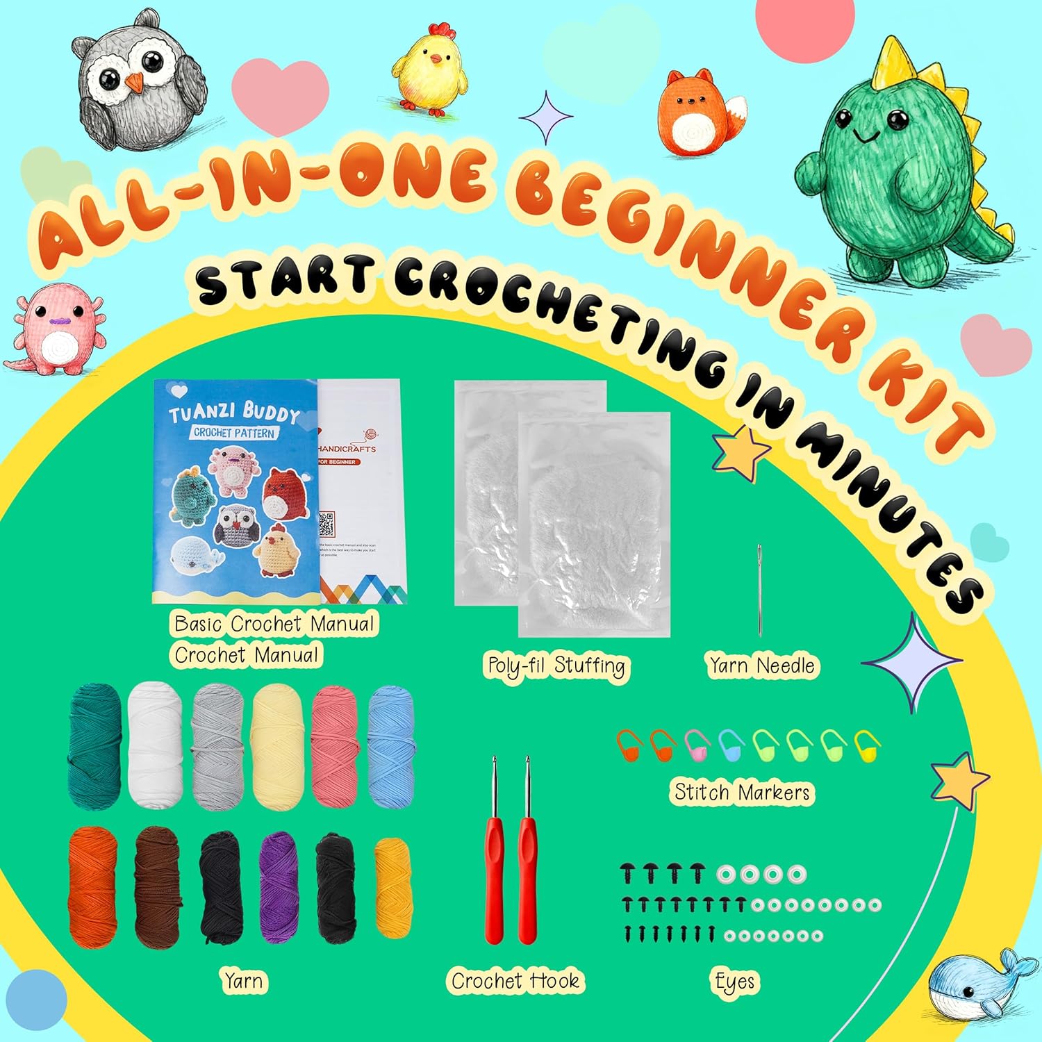 6-Piece Amigurumi Crochet Kit for Beginners – Cute Animal DIY Set with Video Guide