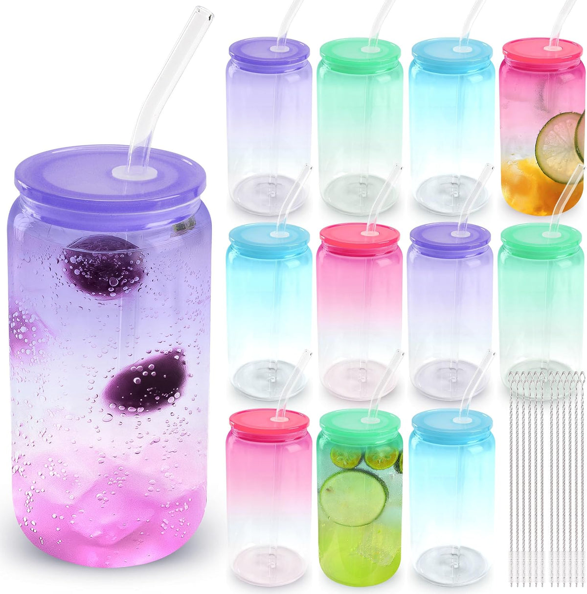 Gobelets en verre de 16 oz avec couvercles en acrylique (haut de couleur dégradée)