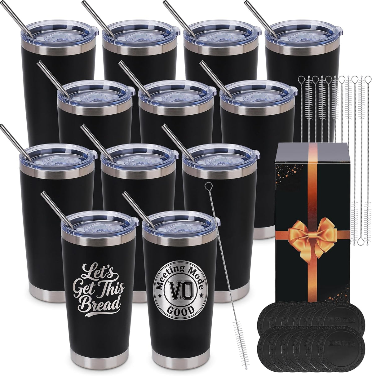 20oz Black Tumblers Bulk 12 Pack – Stainless Steel Engraving Blanks with Lids, Straws & Brushes