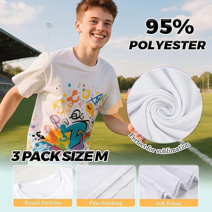 3 Pack Sublimation T-Shirts Bulk – Unisex White Polyester for Heat Transfer - M