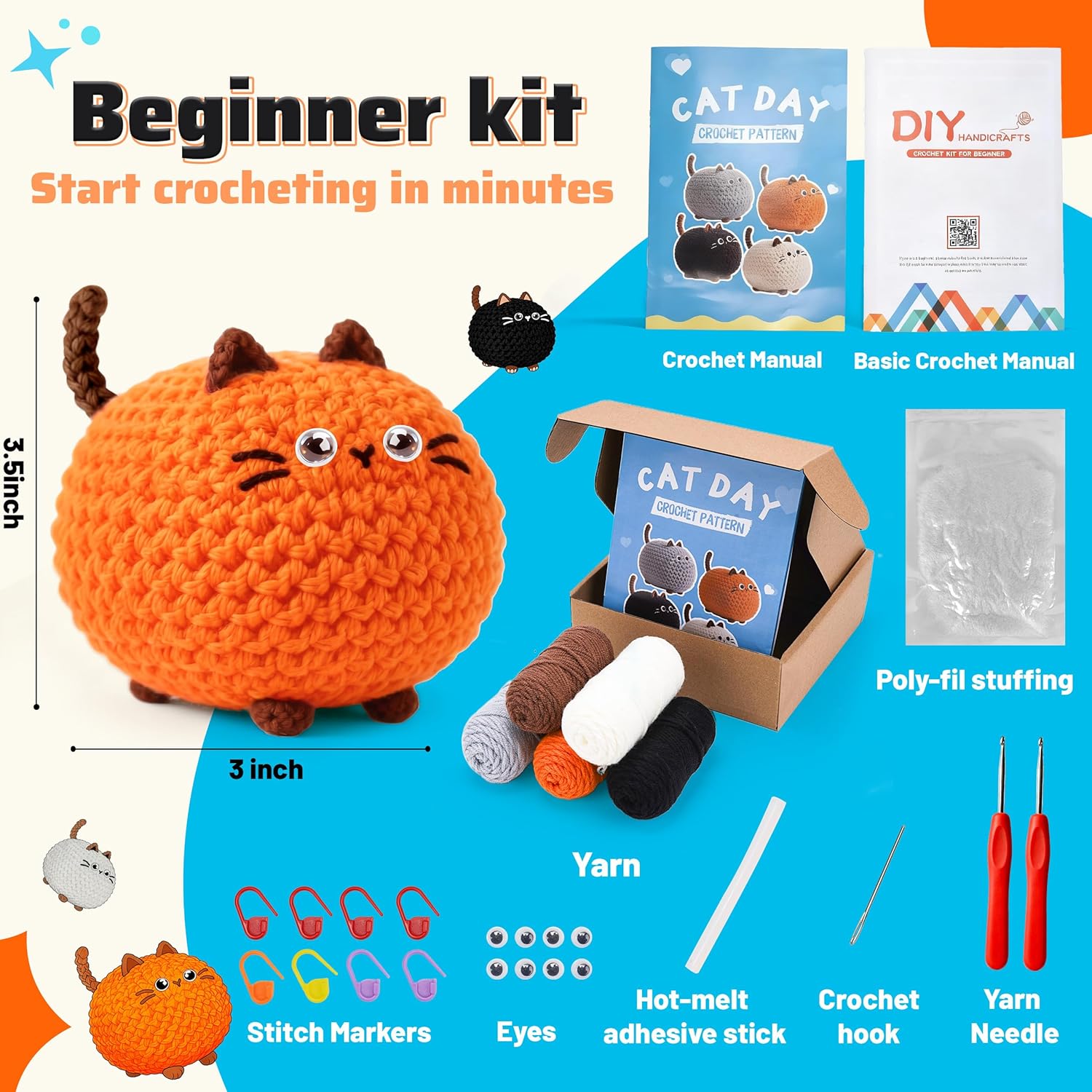 Beginner Crochet Cat Kit – 4 Kawaii Amigurumi Animals with Step-by-Step Videos